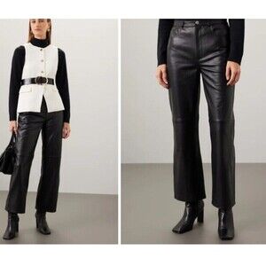 VEDA Womens Sz 6 Leather Pants Black Flared High Rise Edgy Grunge DAMAGED